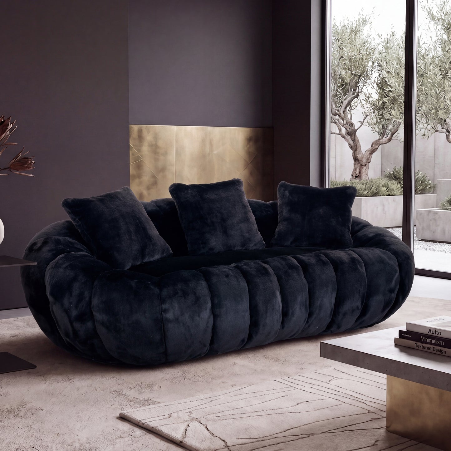 Floral-shaped sofa, ultra-soft faux fur sofa, large living room two-seater sofa, Black, two-person style image 1