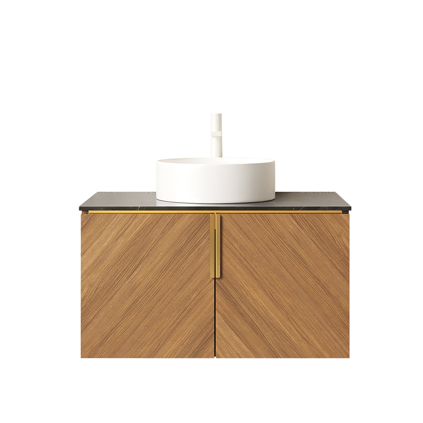 ARAI 30" Bathroom Vanity with Sink, Wall-Mounted Plywood Bathroom Storage Cabinet with Double Doors, Black Sintered Stone Countertop and White Round Ceramic Basin, Brown Oak Woodgrain Color image 3
