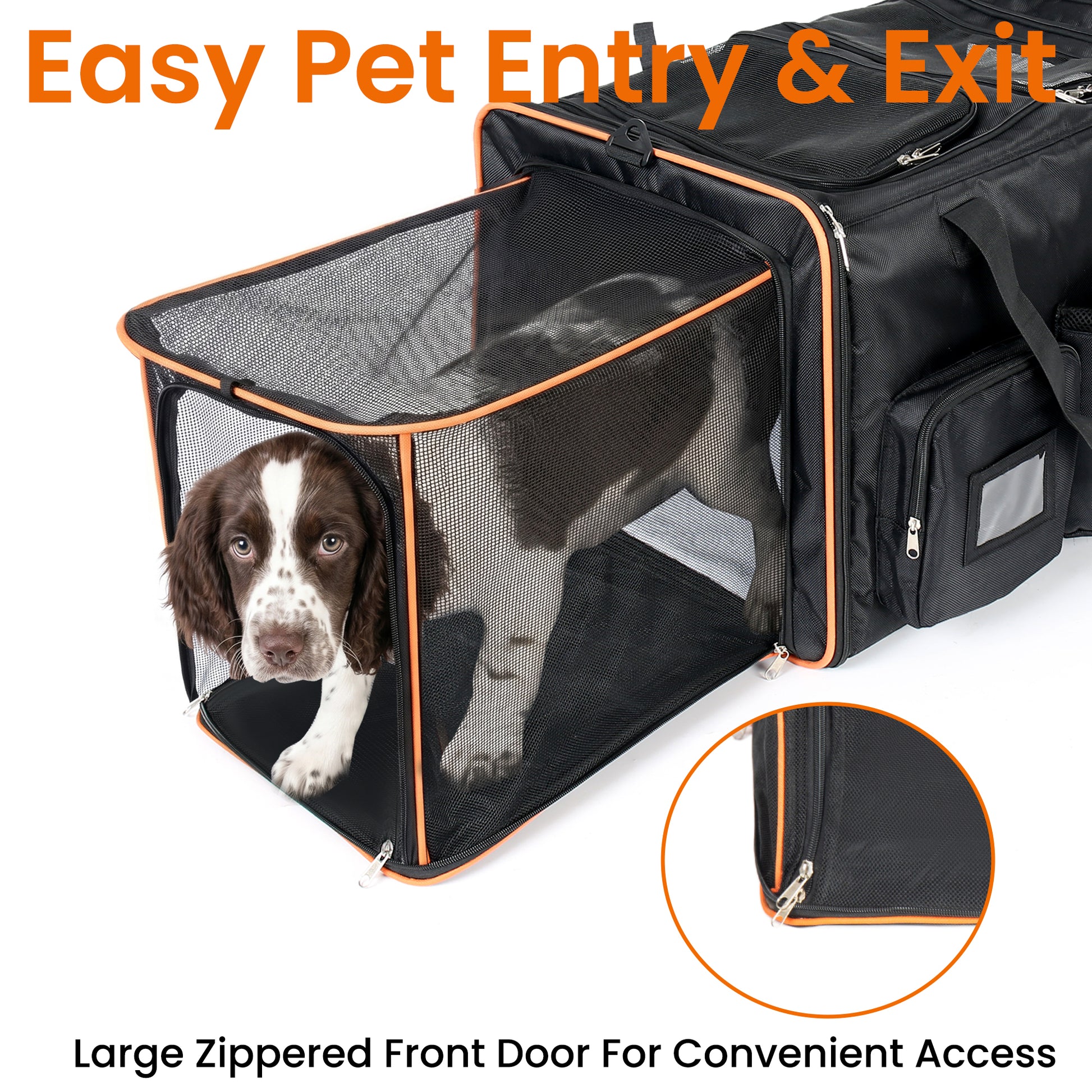 2 in 1 Large Cat Carrier for 2 Cats, Rolling Pet Carrier with Wheels, Expandable Foldable Double Pet Carrier with Removable Divider, Breathable Mesh Oxford, Cat Travel Crate for Car/Camping/Vet, Black image 7