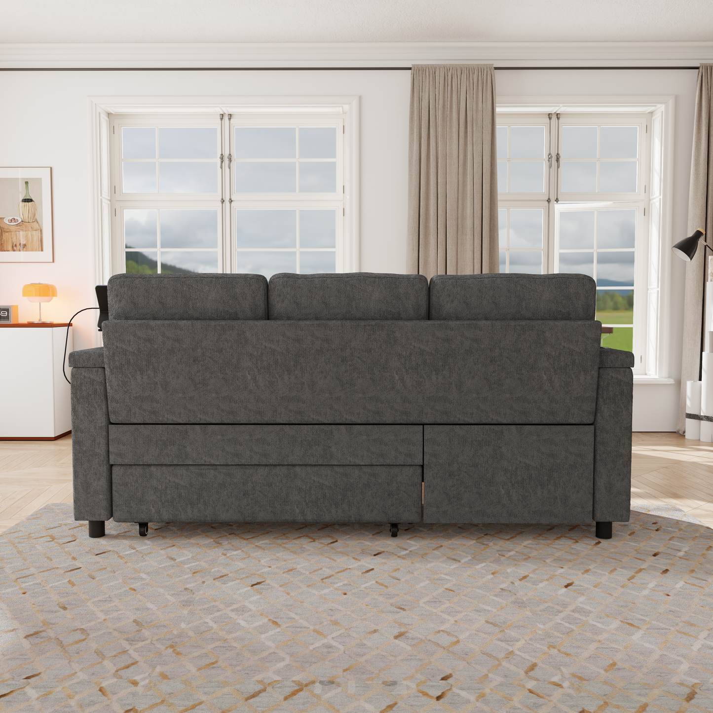 81-inch 3-in-1 foldable three-person sofa bed with a table board and USB ports, armrests with storage function. High-quality chenille three-person sofa. The sofa bed features adjustable backrest and p image 9