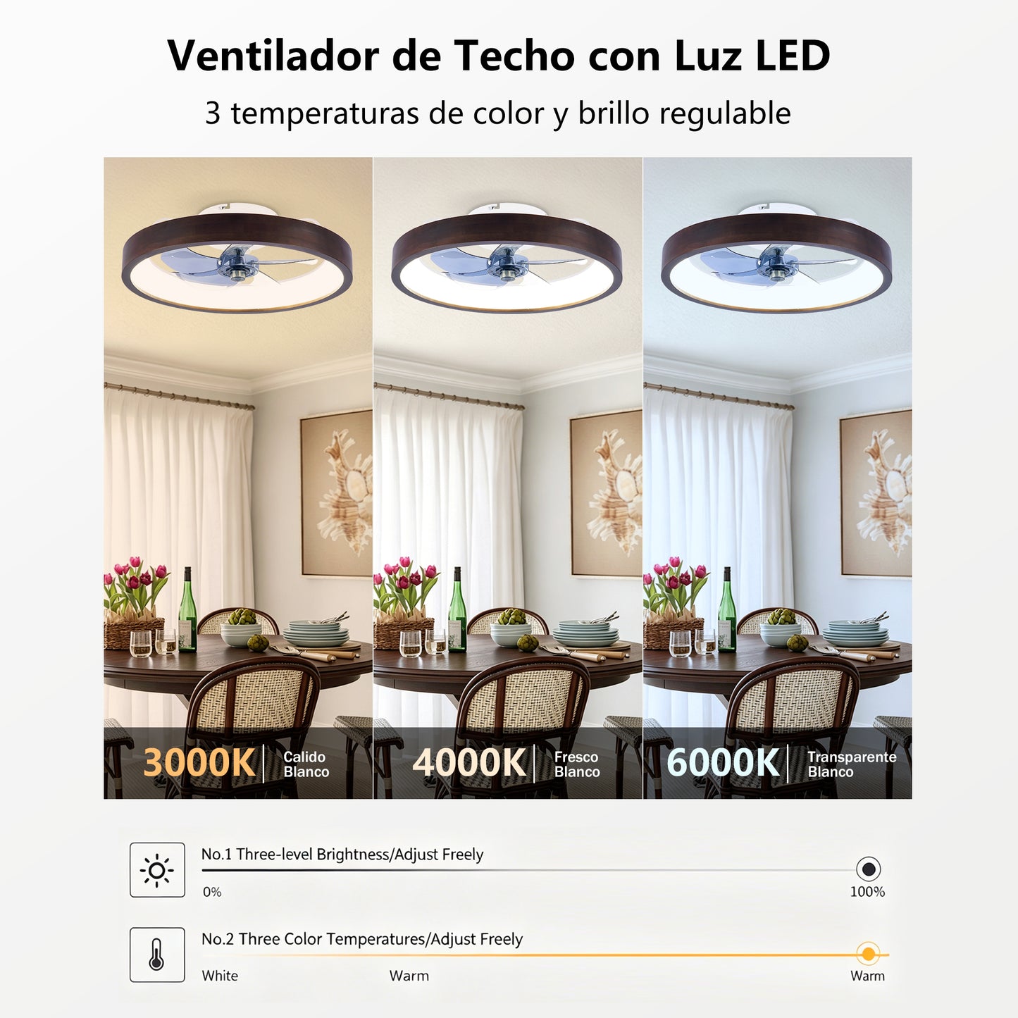 20" Modern Flush Mount Ceiling Fans with Lights Kit (LED), 3000-6500K Dimmable LED Fan Light, 6 Speeds, Quiet DC Motor For Living room, Bedroom,Kitchen----Wood+White image 10