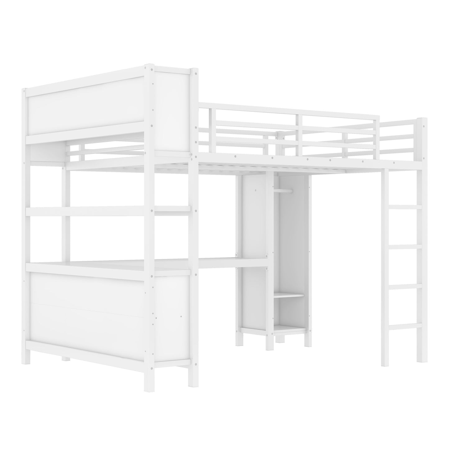 Metal Loft Bed with Wardrobe And L-shaped Desk, Queen Size Loft Bed with Storage Cubes and Shelves, Heavy Duty Loft Bed for Kids Teens Adults, White image 5