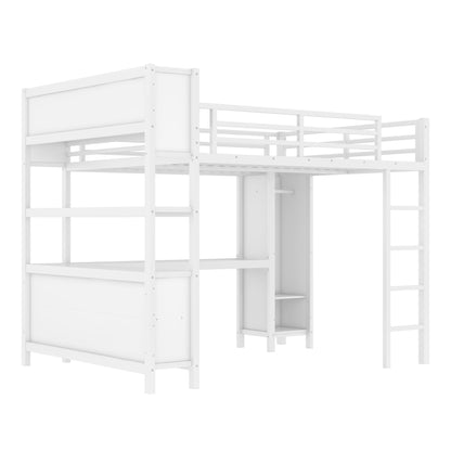 Metal Loft Bed with Wardrobe And L-shaped Desk, Queen Size Loft Bed with Storage Cubes and Shelves, Heavy Duty Loft Bed for Kids Teens Adults, White image 5