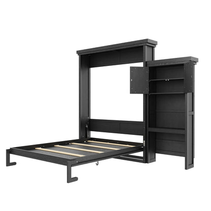 Queen Size Murphy Bed with Multiple Storage Shelves and Louvered Style Decoration,Black image 12