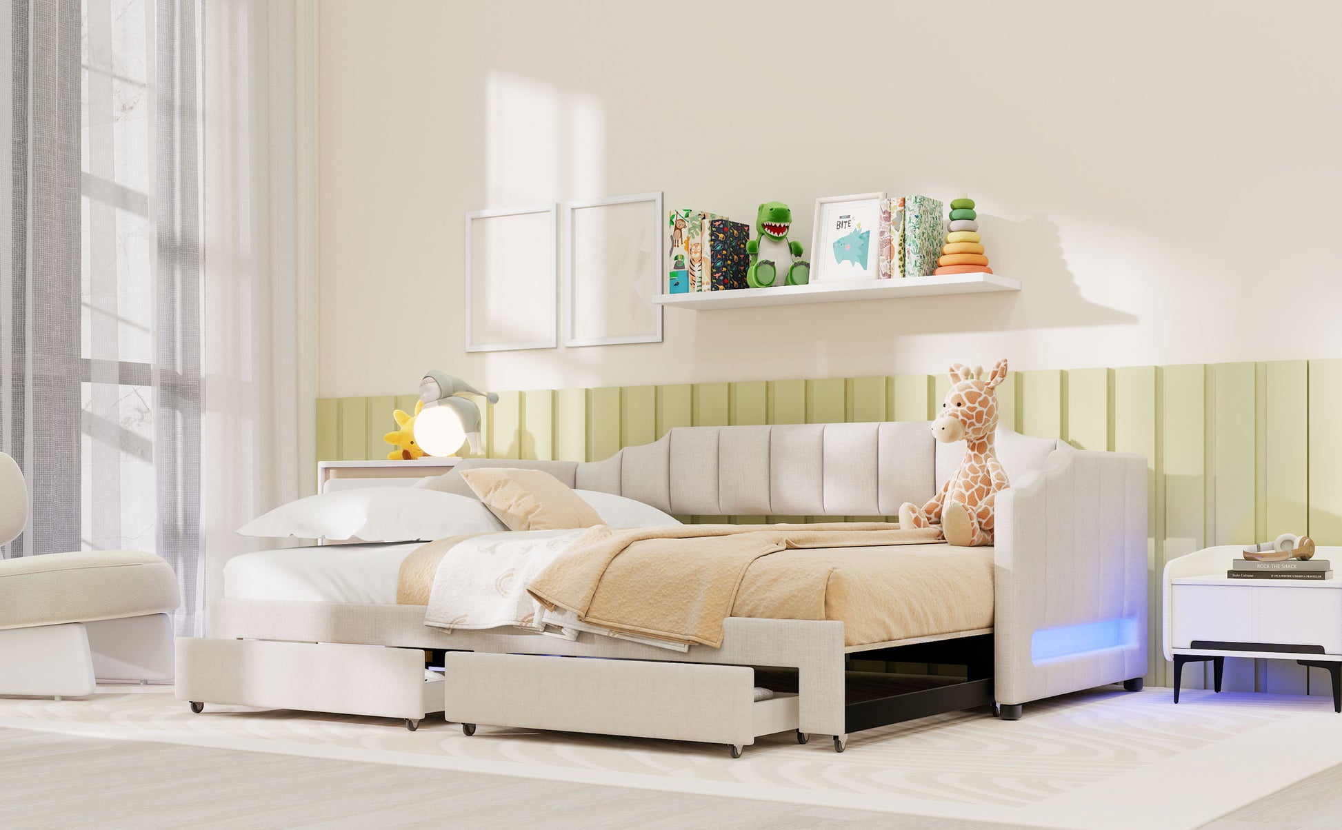 Twin XL Size Extendable Upholstered Daybed with Two Storage Drawers and LED Light,Twin XL to King Daybed,Beige image 5
