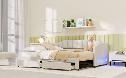 Twin XL Size Extendable Upholstered Daybed with Two Storage Drawers and LED Light,Twin XL to King Daybed,Beige image 5