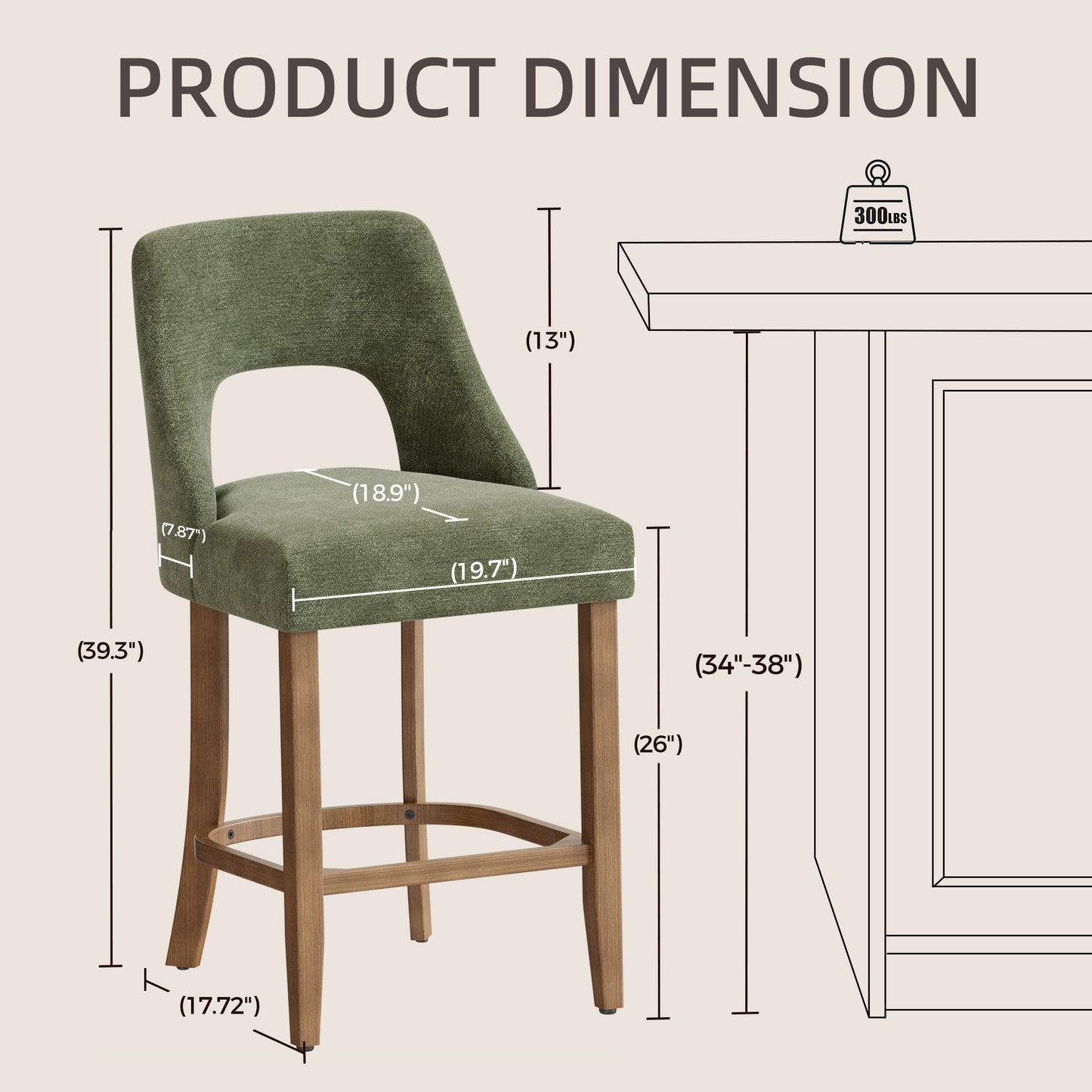 Bar Stools Set of 2, Upholstered Counter Height Bar Stools, Modern Counter Stools with Wood Legs for Kitchen Island Dining Room Bar, Green image 4