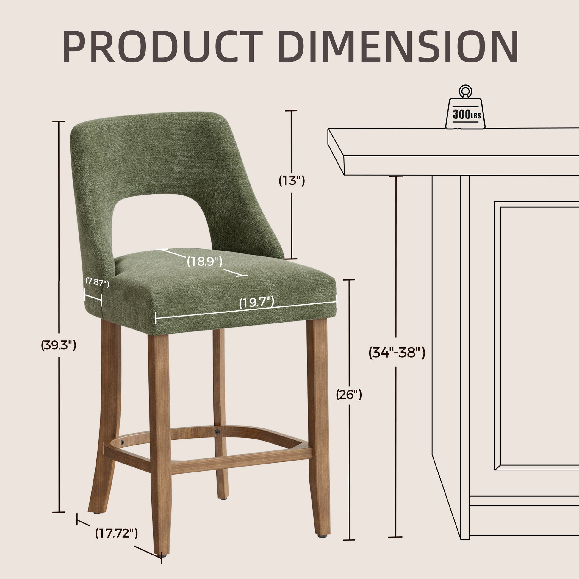 Bar Stools Set of 2, Upholstered Counter Height Bar Stools, Modern Counter Stools with Wood Legs for Kitchen Island Dining Room Bar, Green image 4