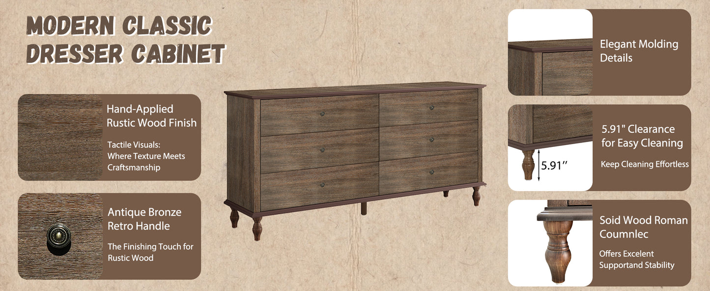 6-Drawer Double Wide Wood Dresser for Bedroom, Deep Brown Burnt Wood Finish Storage Chest with Self-Closing Slides, Metal Copper Handles, Solid Wood Roman Column Legs, Anti-Tip Kit Included image 5