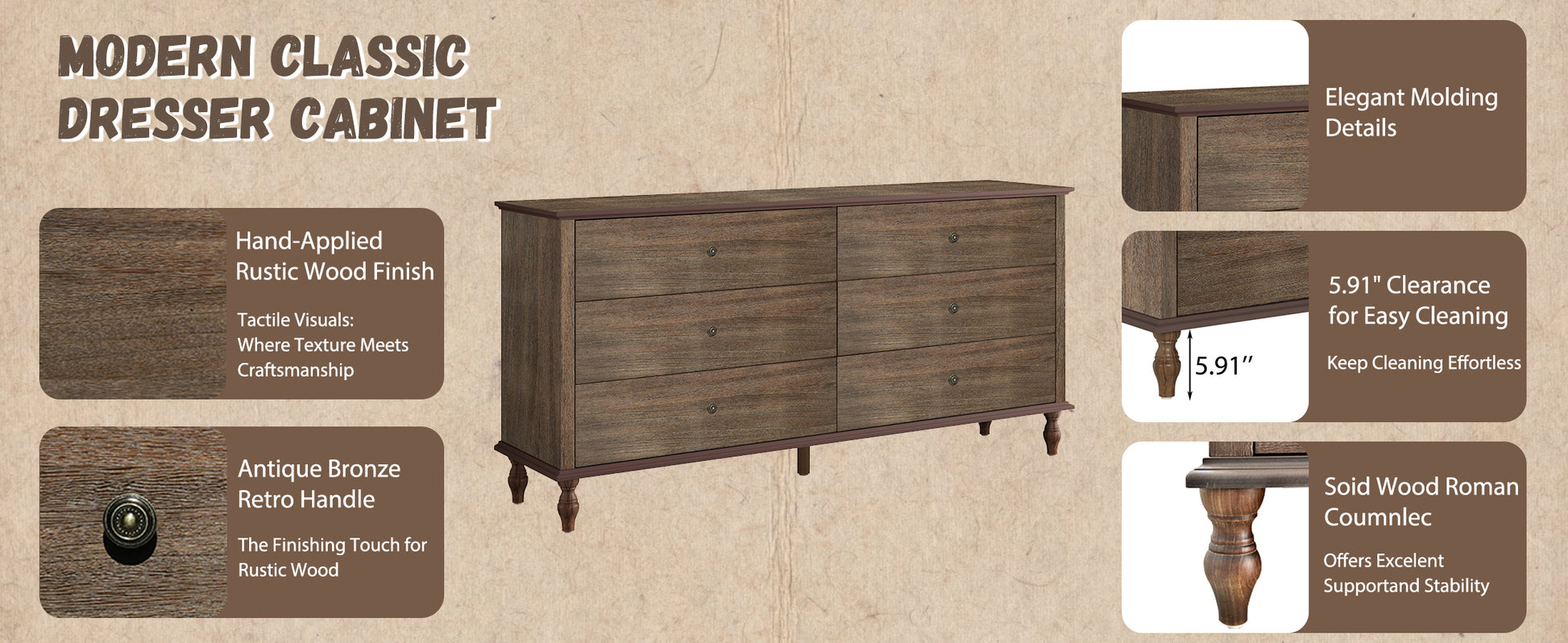 6-Drawer Double Wide Wood Dresser for Bedroom, Deep Brown Burnt Wood Finish Storage Chest with Self-Closing Slides, Metal Copper Handles, Solid Wood Roman Column Legs, Anti-Tip Kit Included image 5