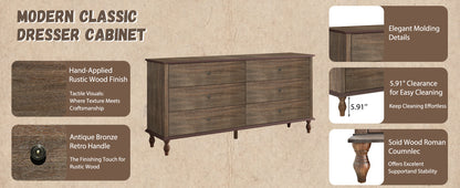 6-Drawer Double Wide Wood Dresser for Bedroom, Deep Brown Burnt Wood Finish Storage Chest with Self-Closing Slides, Metal Copper Handles, Solid Wood Roman Column Legs, Anti-Tip Kit Included image 5