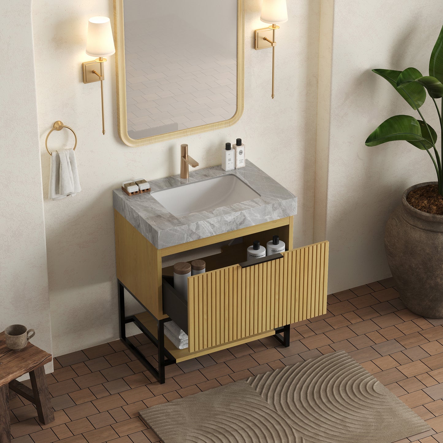 YOLAN bathroom vanity cabinet with Corolla Oak woodgrain and striped drawer