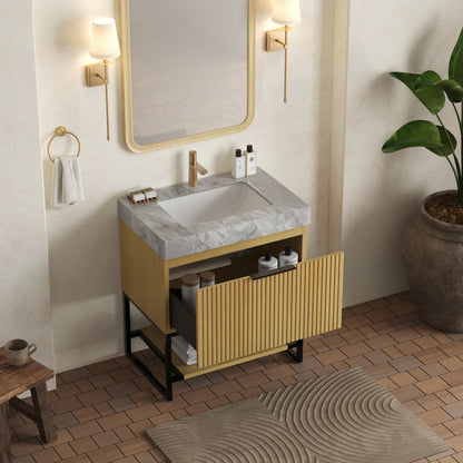 YOLAN bathroom vanity cabinet with Corolla Oak woodgrain and striped drawer