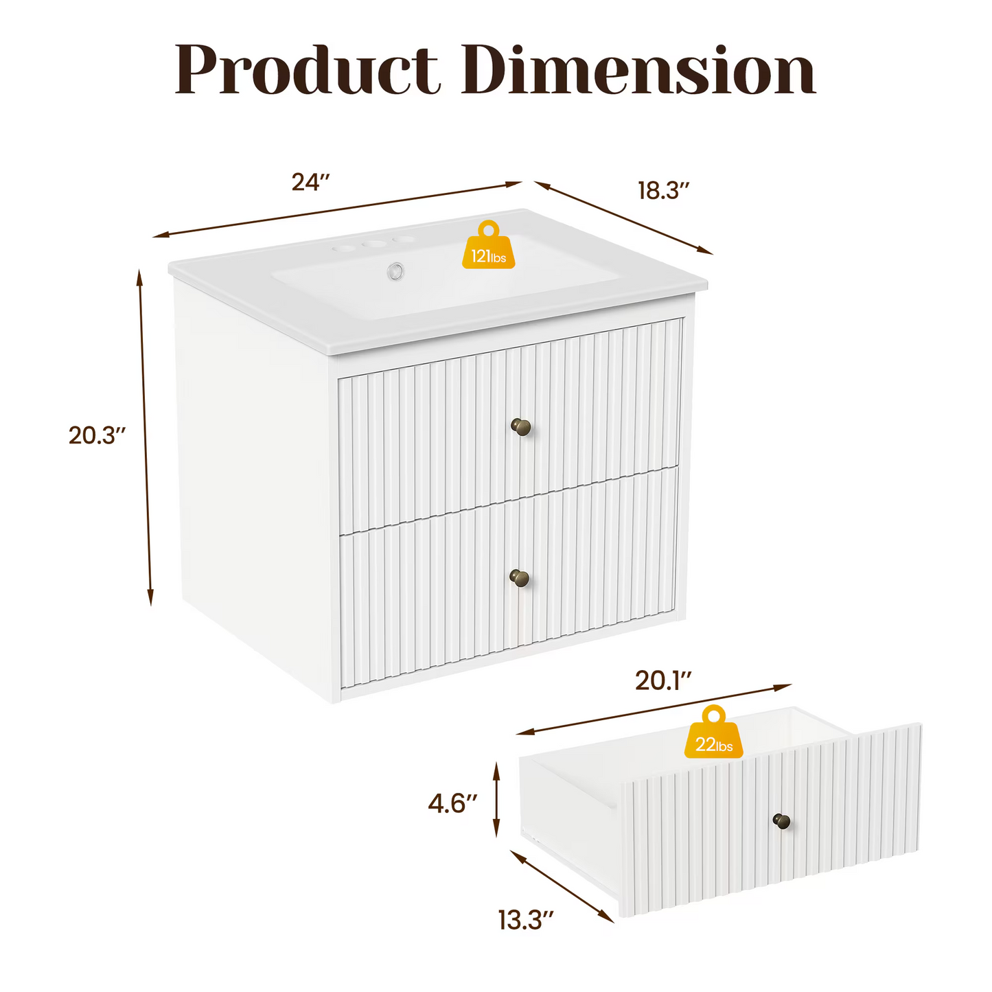24'' Bathroom Vanity with Sink Set, Floating Bathroom Storage Cabinet with Doors and Drawers, Modern Vanity Sink Cabinet Wall Mount with Painted Surface, White image 2