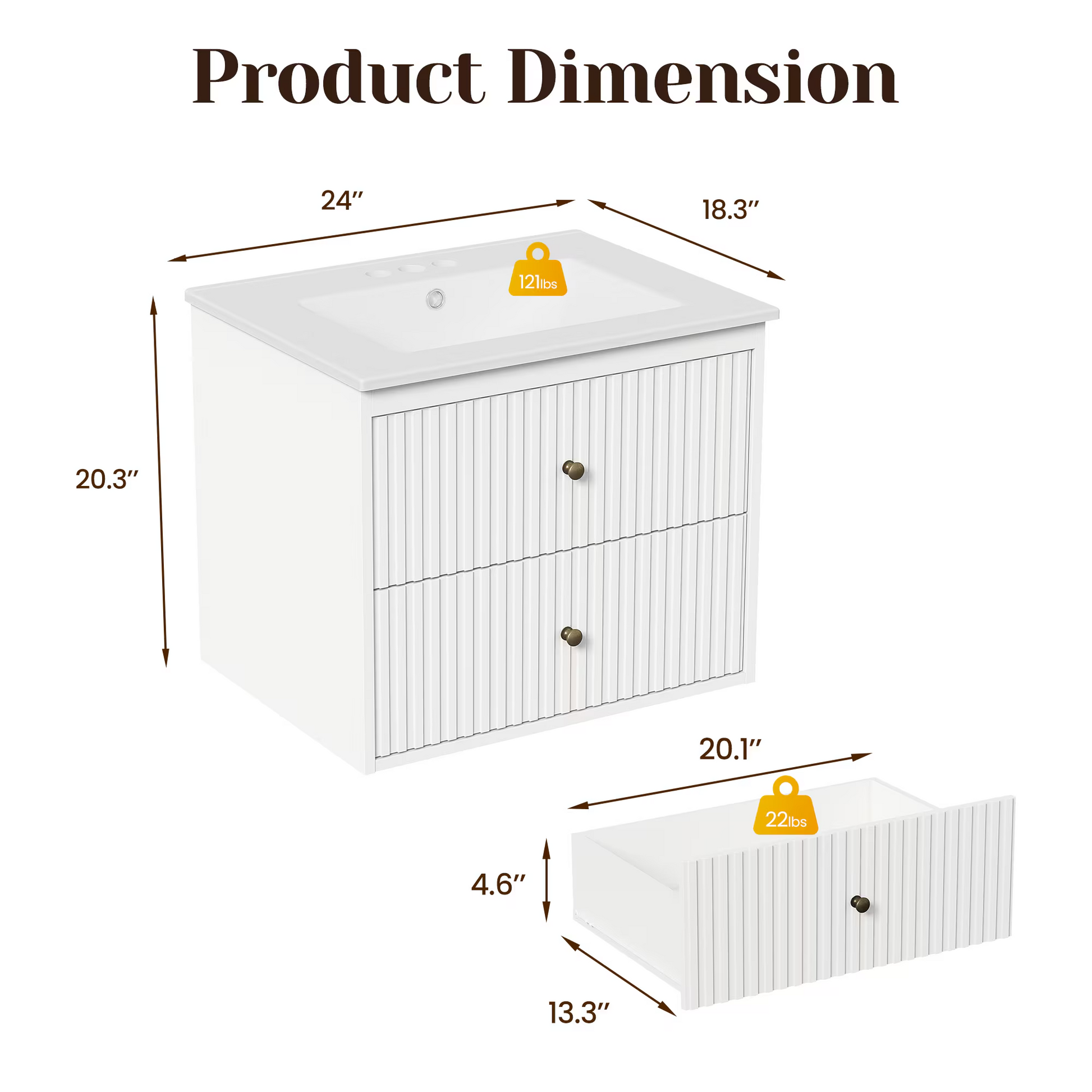 24'' Bathroom Vanity with Sink Set, Floating Bathroom Storage Cabinet with Doors and Drawers, Modern Vanity Sink Cabinet Wall Mount with Painted Surface, White image 2
