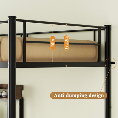 Bunk Bed Twin Over Twin Size with Desk and Charging Station L-Shaped Metal Bunk Bed with Storage Shelves and Bookcase Loft Beds with Safety Guardrail and Ladder for Teen,Black image 12