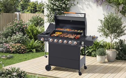 6 Burner BBQ Propane Gas Grill with Side Burner 72000 BTU Output Stainless Steel Barbecue Grill with Cast Iron Grates and Side Tables for Outdoor Cooking Kitchen and Patio Backyard. image 8