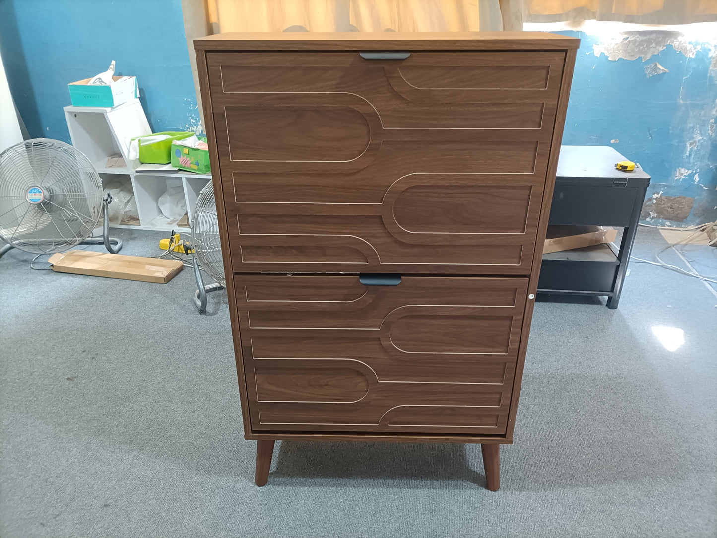Medieval Modern Independent Shoe Cabinet, 23.62-inch Walnut Shoe Storage Cabinet, Fence Shoe Cabinet with 2 Flip Drawers, Suitable For Corridors And Entrances image 5
