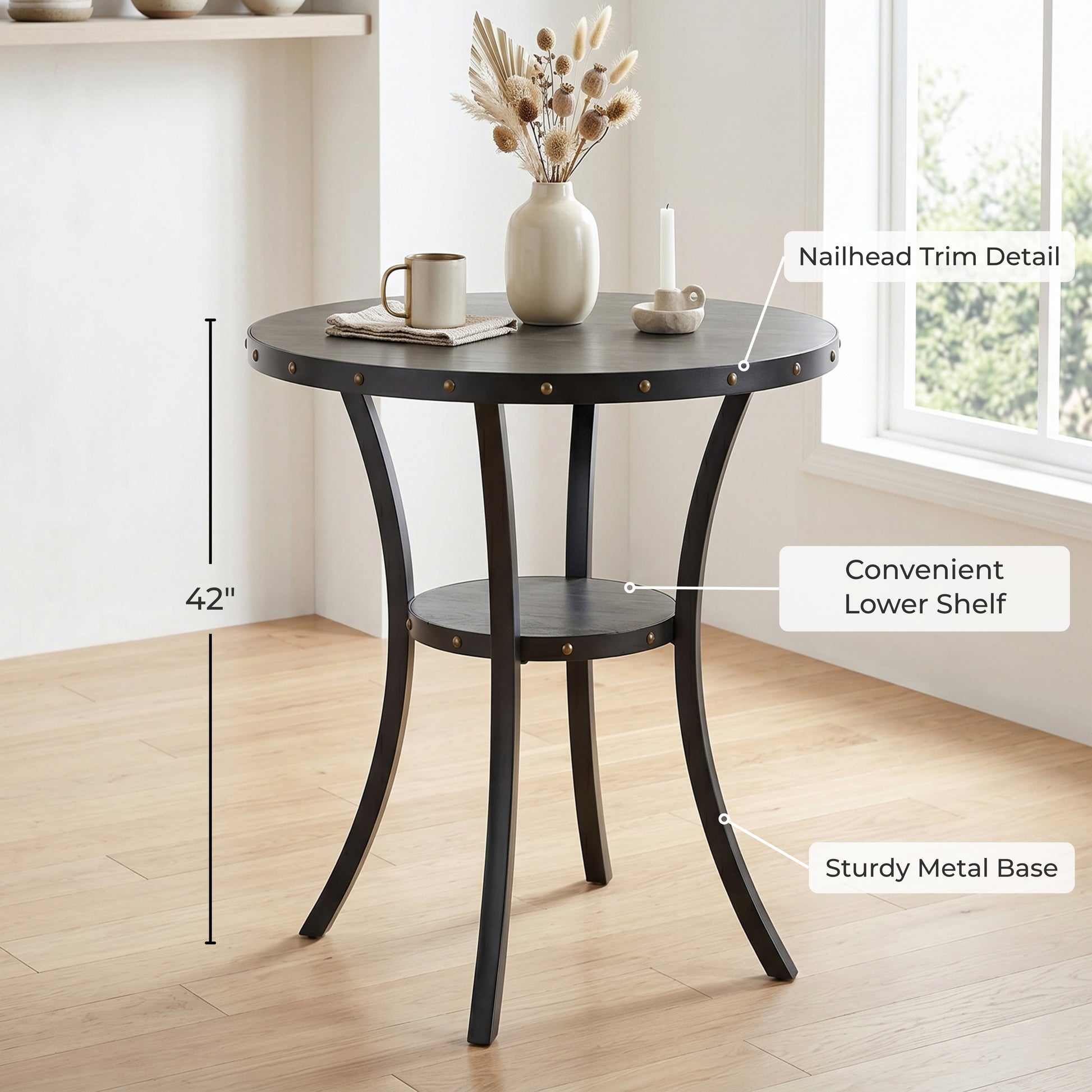 Biony 3-Piece 36" Round Espresso Finish Bar Table with 2 Gray Fabric Nail Head Pub Chairs image 6