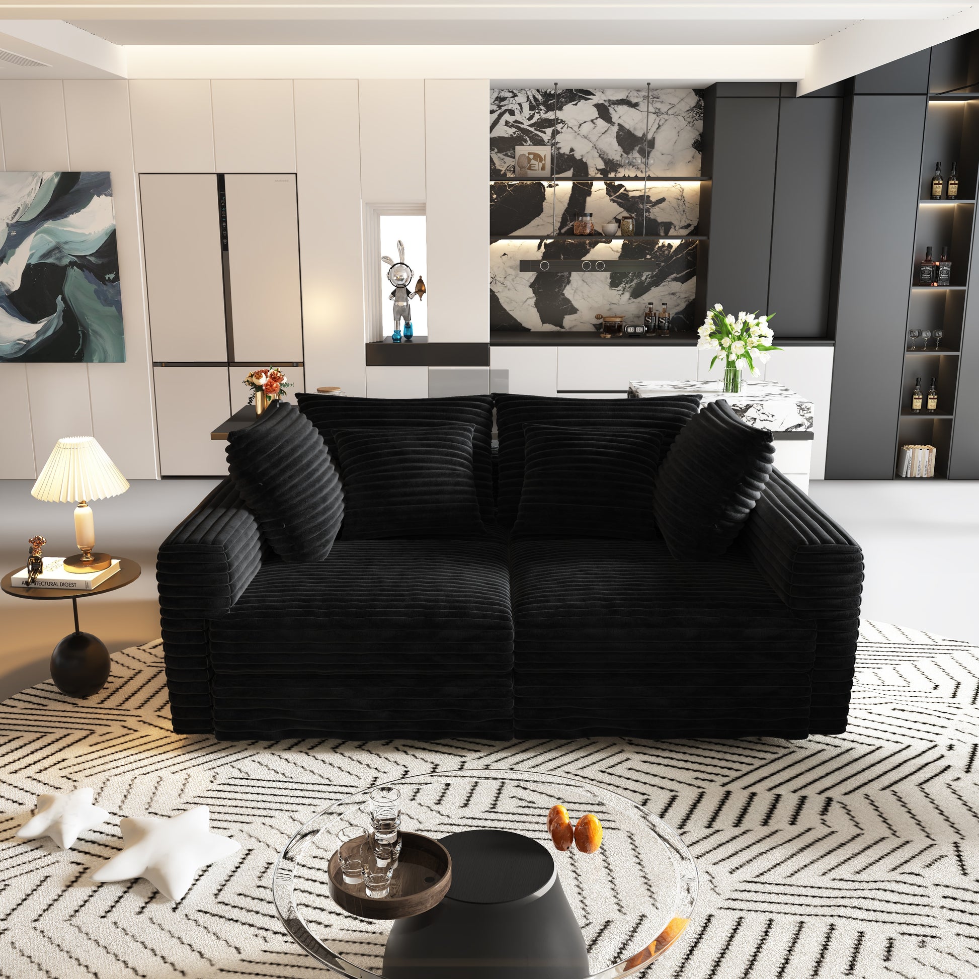 102.4 " Plush Corduroy 4-Seat Sofa,Modern Comfy Upholstered Sofa Cloud Couch,Deep Seat Couches with Soft Pillows,Convertible Deep Seat Sofa Lounge Chair for Apartment,Office,Black(Old Sku:W1885S00272 image 4