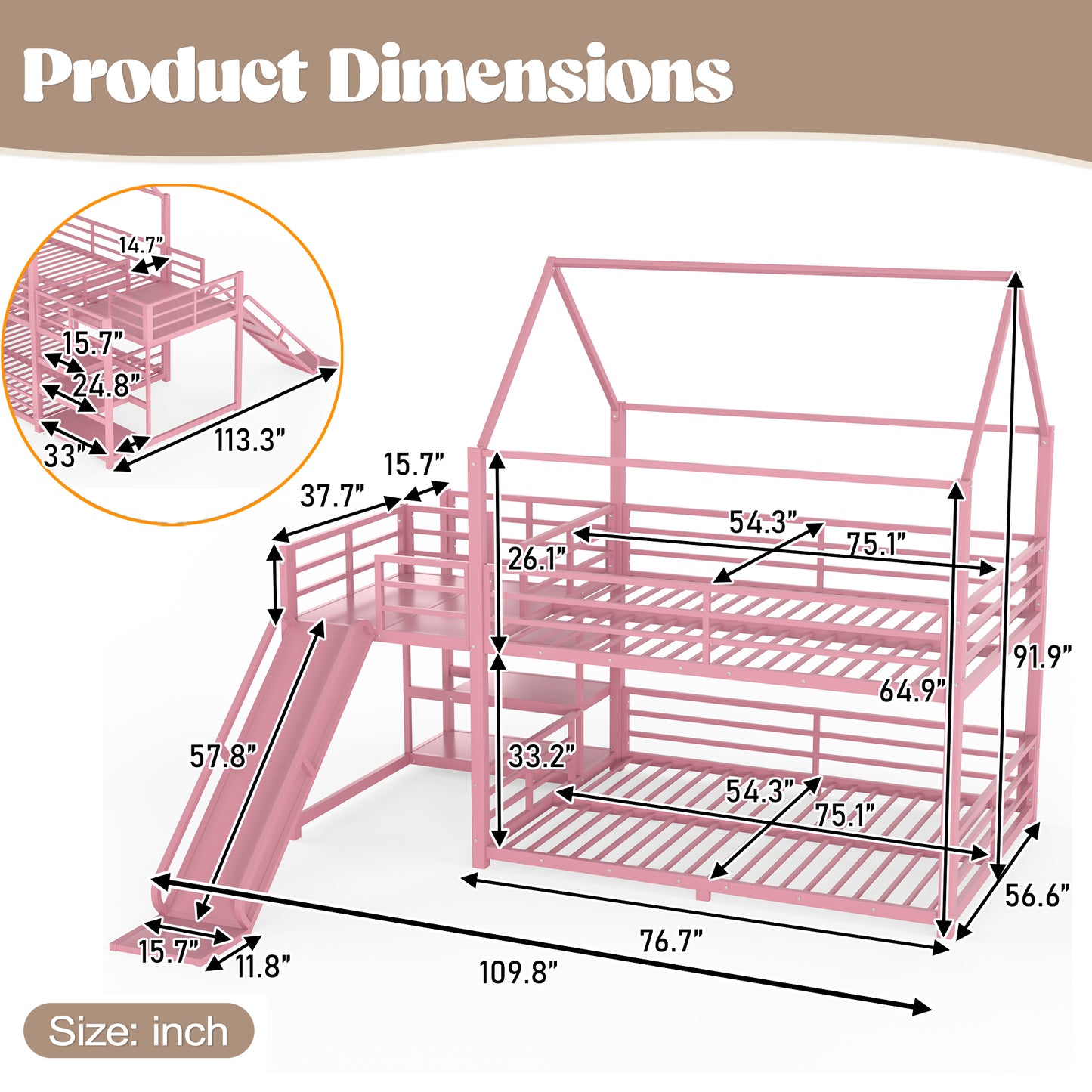 Full Metal House Bunk Bed with Storage Stairs, Slide, Safety Rails, Pink image 4