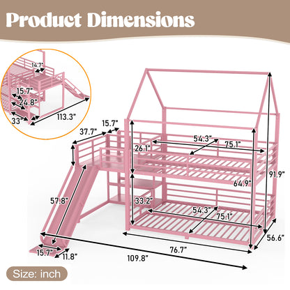 Full Metal House Bunk Bed with Storage Stairs, Slide, Safety Rails, Pink image 4