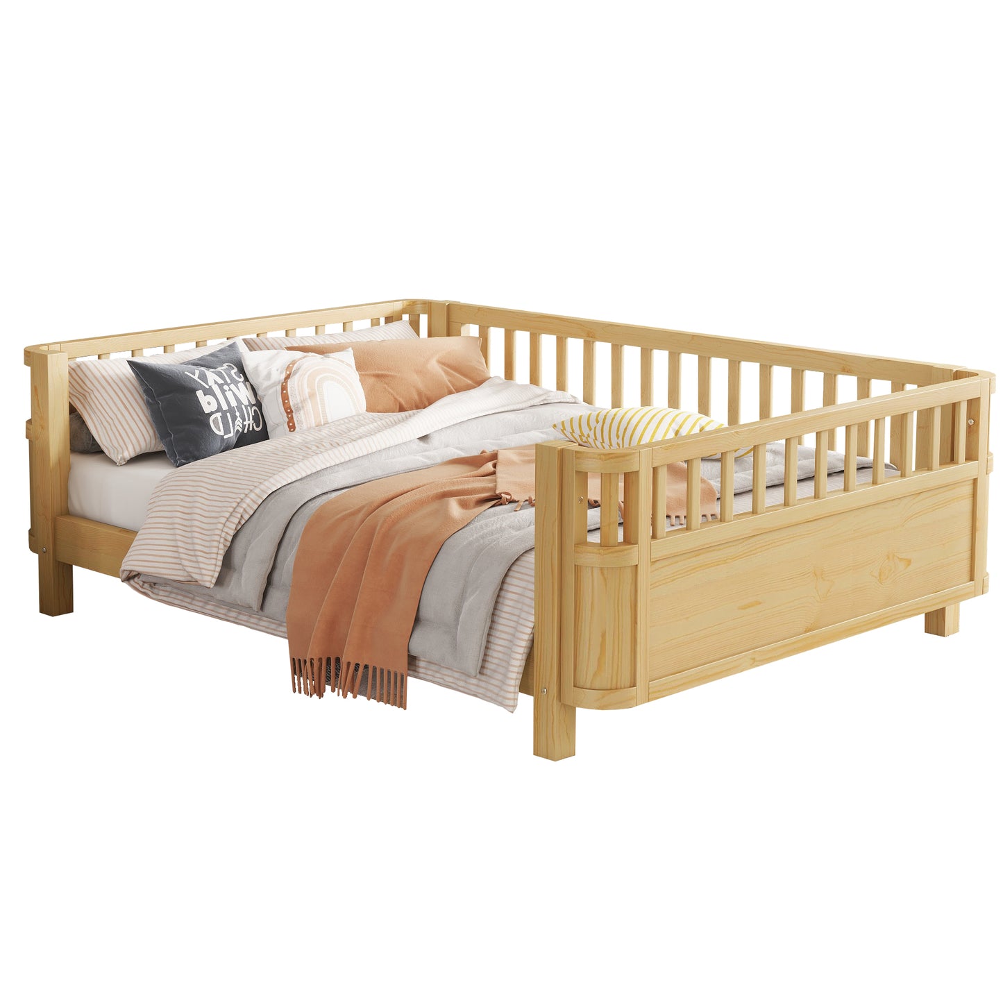 Full Size Wood Platform Bed for Kids, Wood Low Profile Full Bed with Rails for Girls and Boys, Natural (Patented Design, Old SKU W2593P233781) image 9