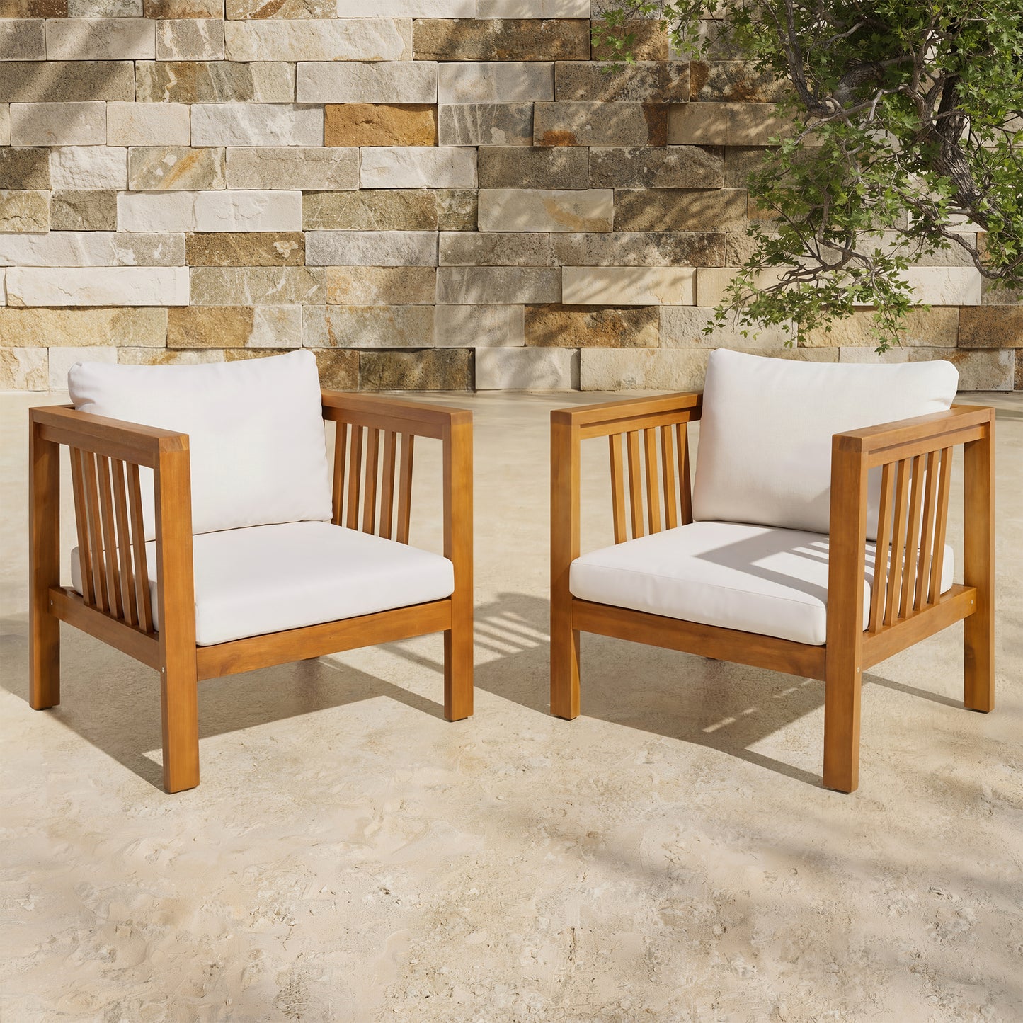 Set of 2 Outdoor Acacia Wood Club Chairs with Modern Square Arms, 2-Piece Patio Conversation Set with Thick Cushions, Adjustable Leveling Feet for Poolside, Backyard & Deck, Beige Cushions image 2