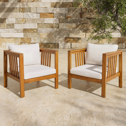 Set of 2 Outdoor Acacia Wood Club Chairs with Modern Square Arms, 2-Piece Patio Conversation Set with Thick Cushions, Adjustable Leveling Feet for Poolside, Backyard & Deck, Beige Cushions image 2