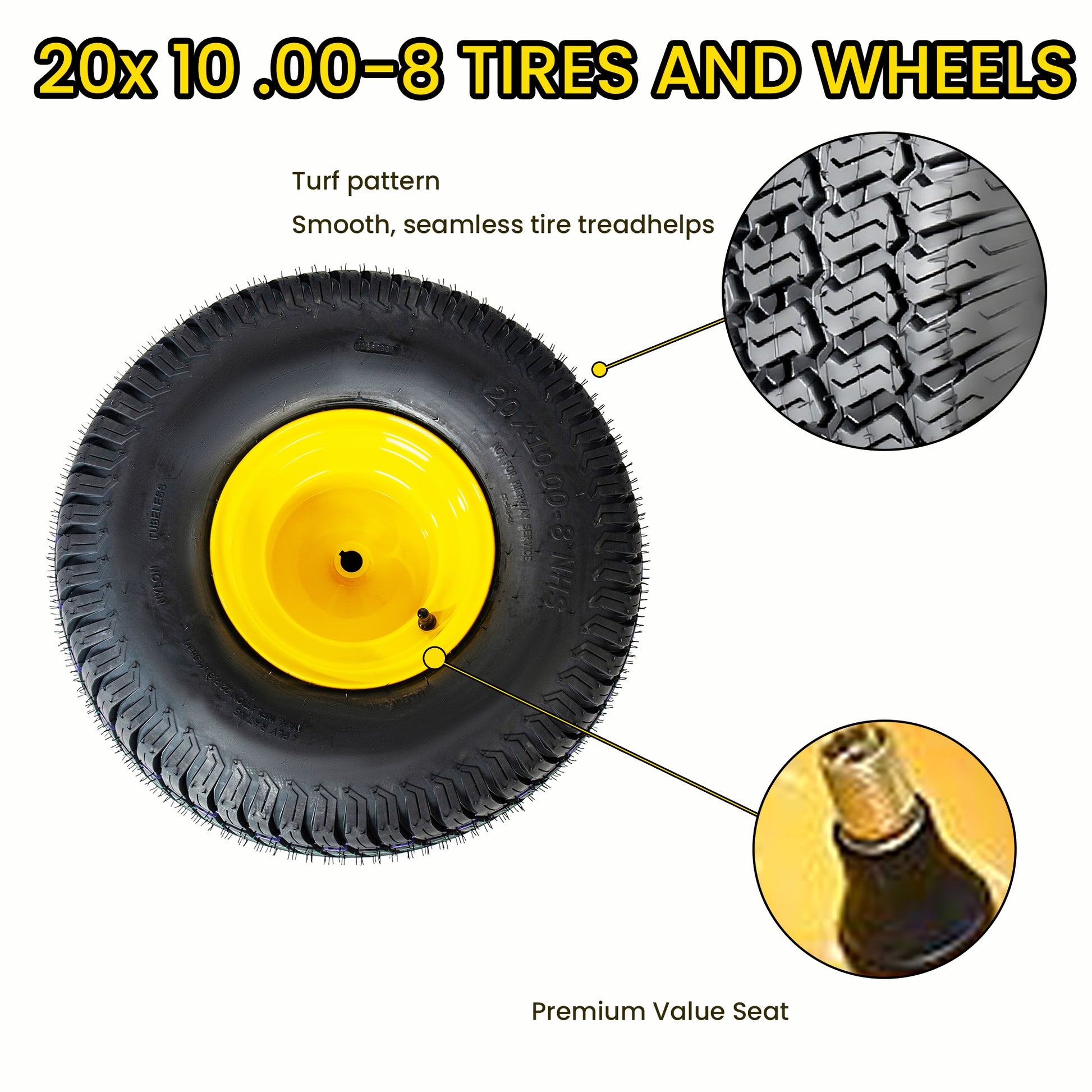 Set of 2 20x10.00-8 Lawn Mower Tires and Wheel Assembly, 4-Ply Tubeless Turf Tread Heavy Duty, 3.5" Centered Hub with 3/4" Bore and 3/16" Keyway, Yellow Steel Rim for Commercial Mowers, 1190 lbs Capac image 4