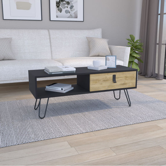 15" H rectangular white / macadamia coffee table, 4 vintage metal legs, 1 vertical divider for designer books, and 1 dra image 1