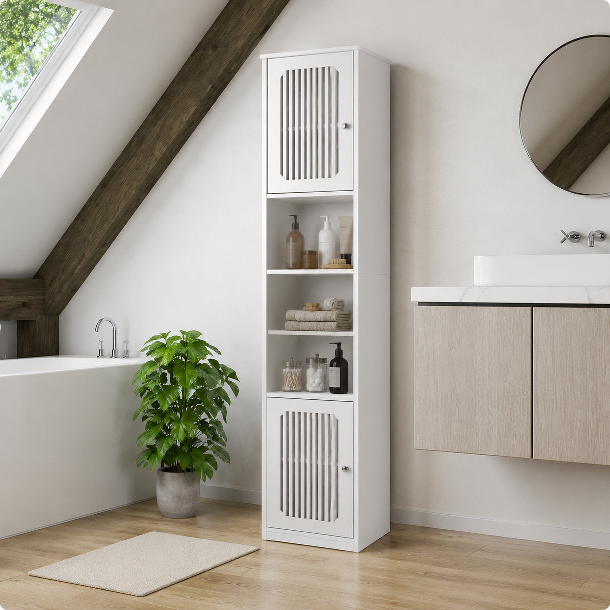 64-Inch Bathroom tall cabinet with adjustable drawer shelves, louvered door floor-standing storage unit, multi-tiered vertical narrow storage cabinet for bathroom, white. image 11