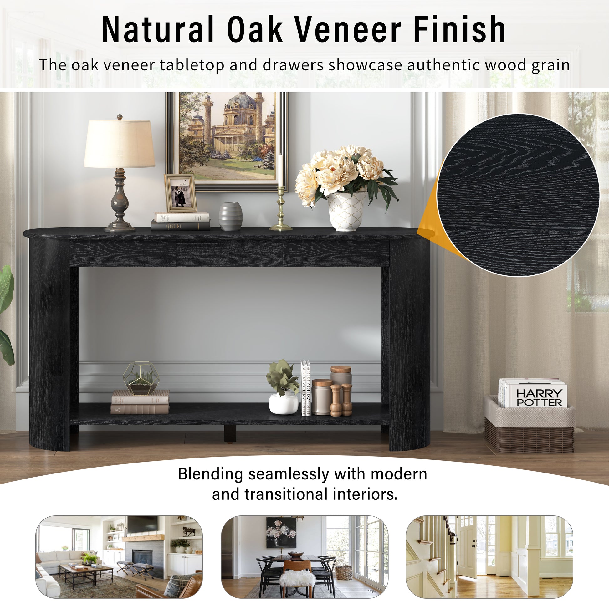 U_Style 59.8'' Modern Oak Veneer Console Table with 3 Drawers,Farmhouse Entryway Table with Shelf,Wood Sofa Table with Semi-Circular Design, Suitable for Living Room,Hallway,Entryway, Foyer, Corridor image 8