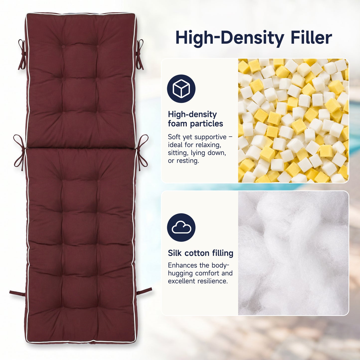 2 Pack 72x21 Inch Folding Chaise Lounge Cushion Quick Dry - Outdoor Sun Lounger Seat Pad with Shredded Foam for Patio Furniture, Deck Chairs, Poolside image 3