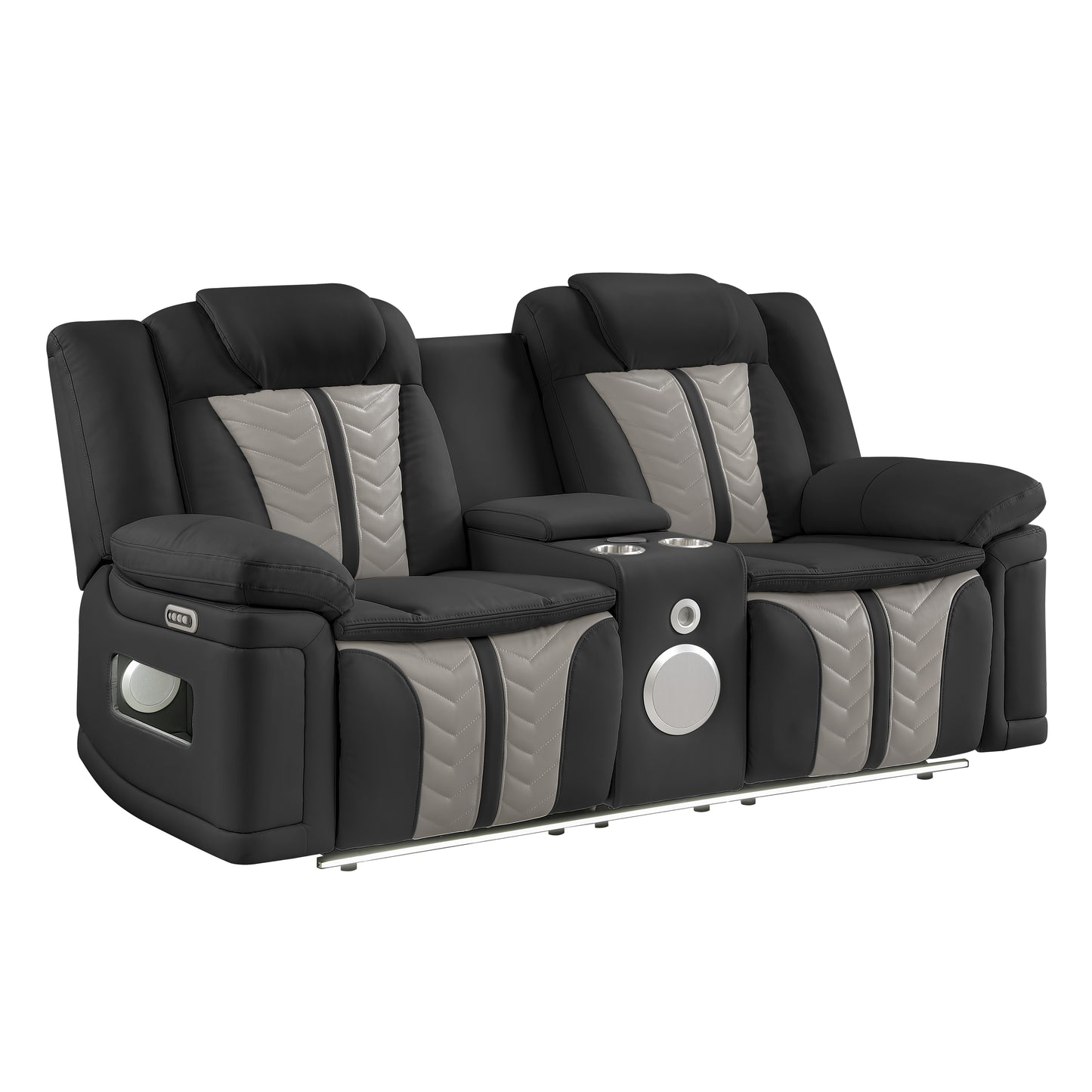 Cruiser Power Reclining Loveseat with Console, Power Headrests, LED Lighting, Speaker & Massage Made with Faux Leather in Black and Gray image 1