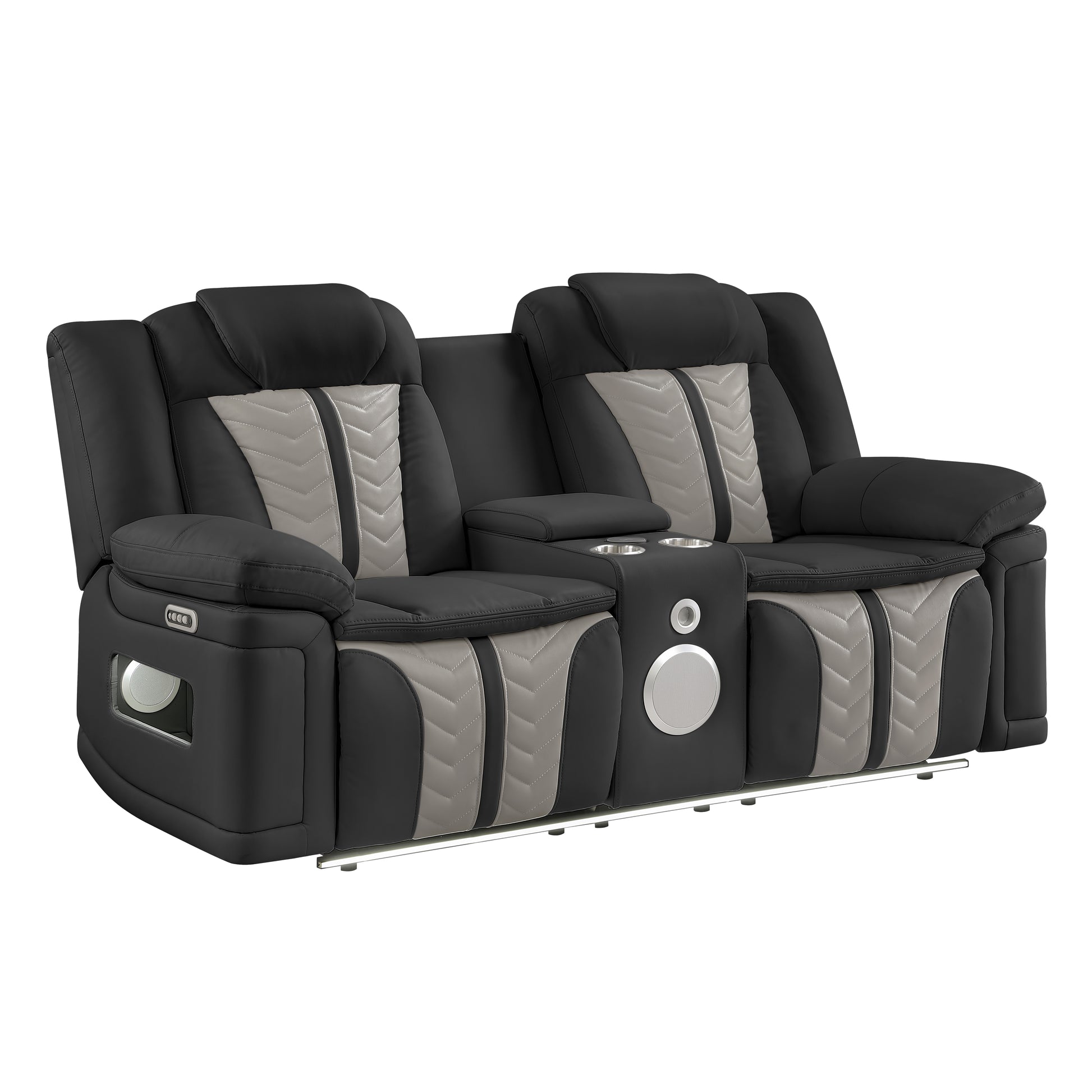 Cruiser Power Reclining Loveseat with Console, Power Headrests, LED Lighting, Speaker & Massage Made with Faux Leather in Black and Gray image 1