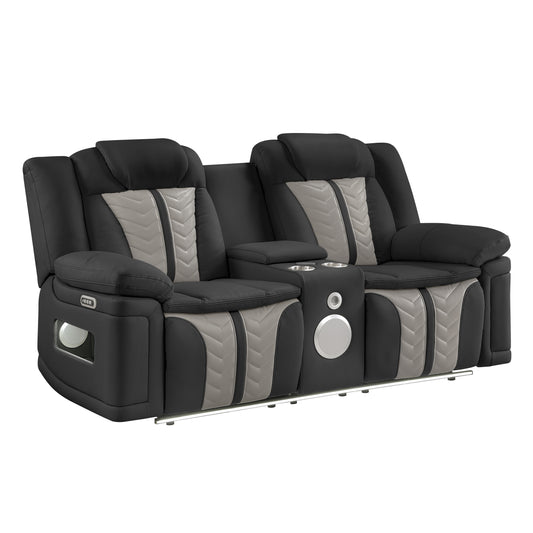 Cruiser Power Reclining Loveseat with Console, Power Headrests, LED Lighting, Speaker & Massage Made with Faux Leather in Black and Gray image 1