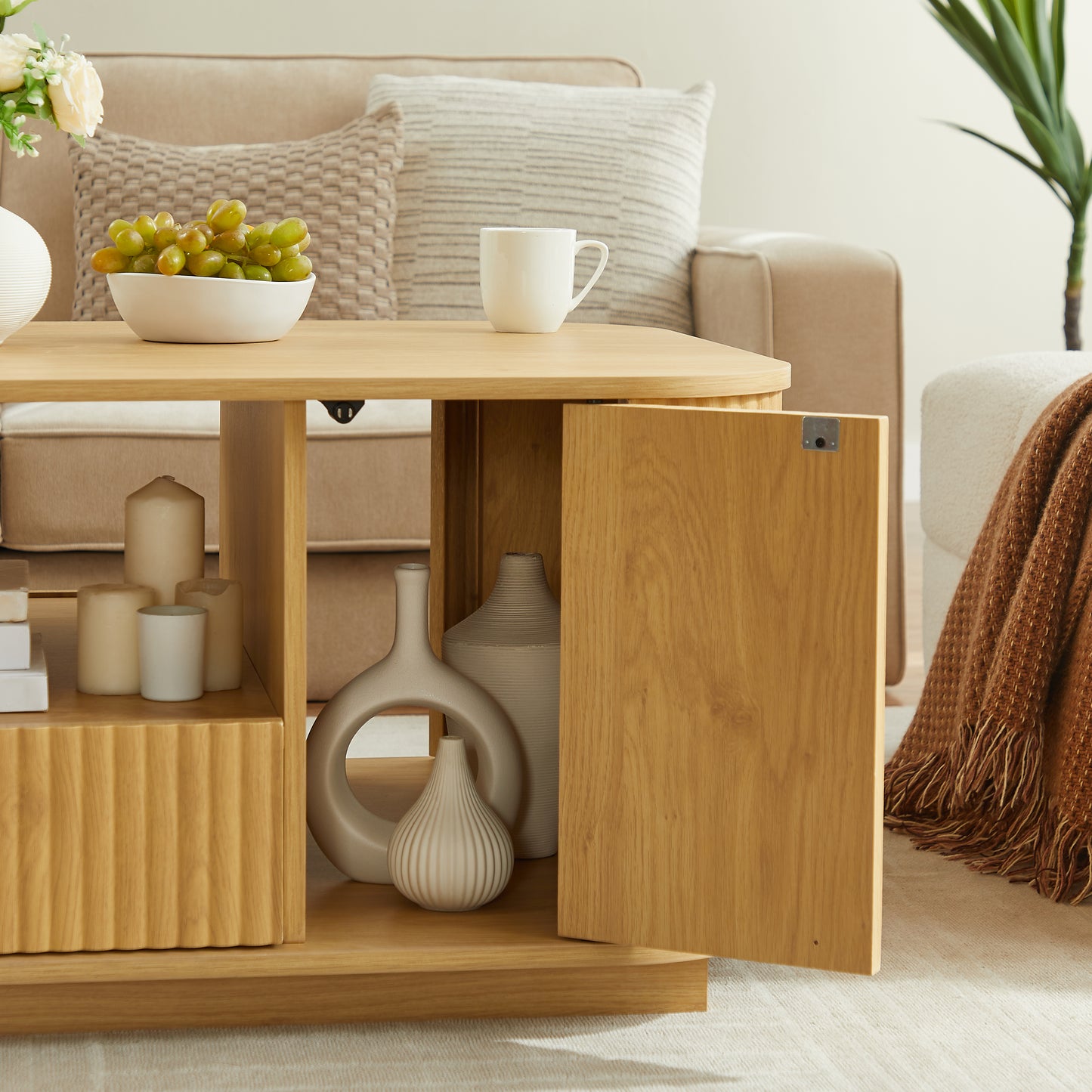 46.5"modern luxury oval coffee table with drawers and storage compartments, curved contour design, living room center coffee table, suitable for living rooms and offices, Natural, 46.5"L*27.2"W*17.7"H image 9