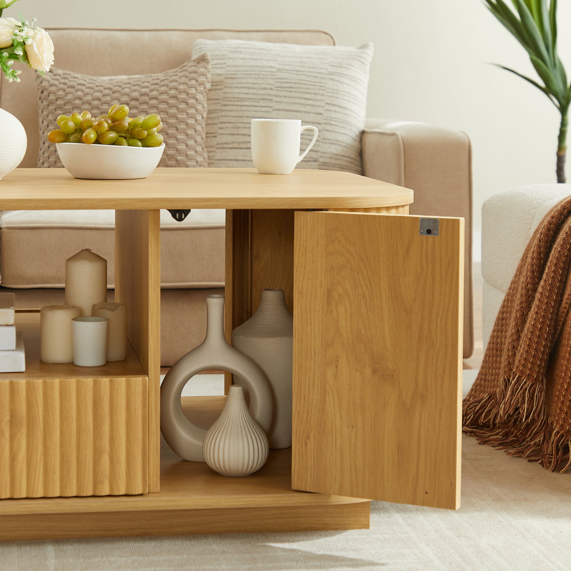 46.5"modern luxury oval coffee table with drawers and storage compartments, curved contour design, living room center coffee table, suitable for living rooms and offices, Natural, 46.5"L*27.2"W*17.7"H image 9