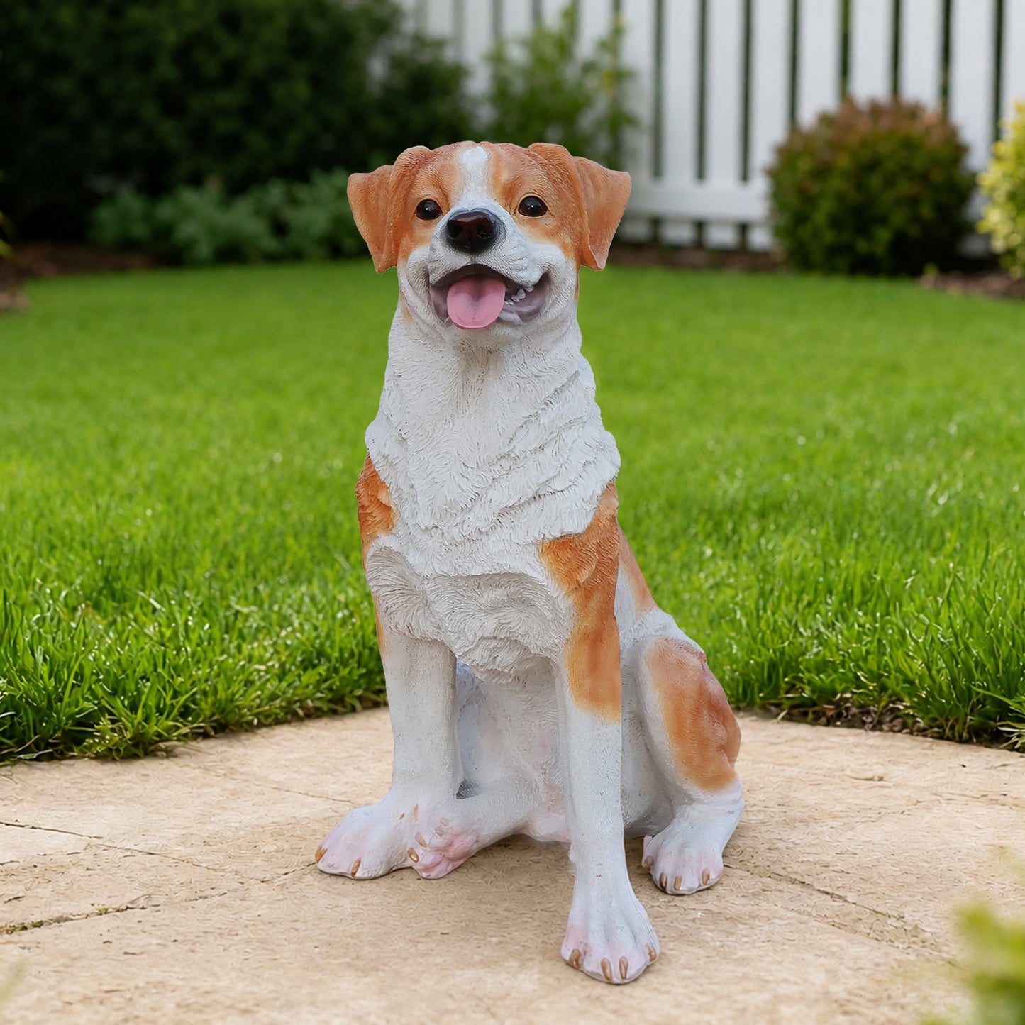 Lifelike Hound Dog Statue, Realistic Resin Animal Figurine for Indoor Outdoor Garden Lawn Yard Home Decor, Art Craft Gift, Brown+White image 1