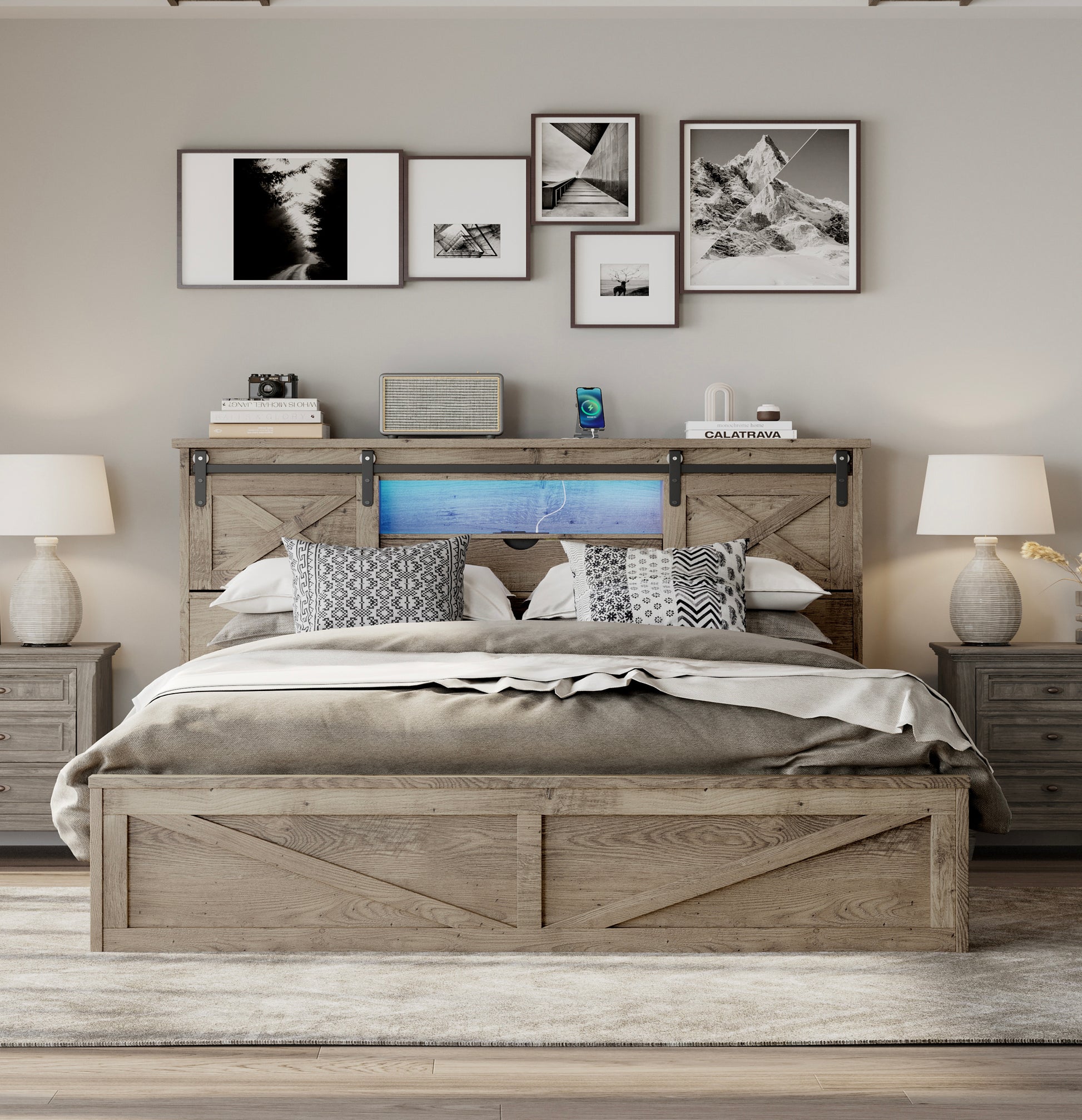Farmhouse Bed Frame King Size with LED Lights and Charging Station, Wooden KING Bed with 2 Storage Drawers, Rustic Headboard with Sliding Barn Door Storage Cabinets image 1