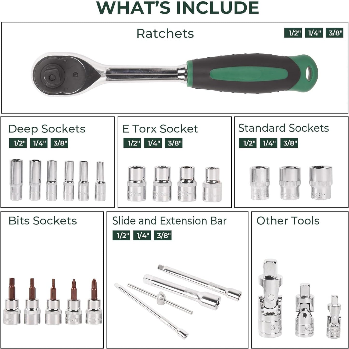 151pcs Socket and Drive Tool Set 1/2" 1/4" 3/8" Mechanics Tools Kit Sockets Set Metric Drive Socket Set, Drive Sizes wit image 3
