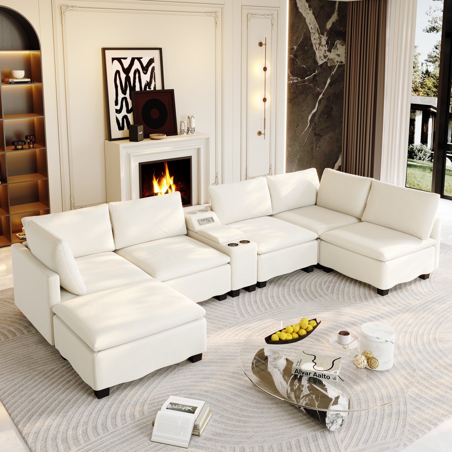 121.2" Modular U-Shaped Cloud Sectional Sofa with Movable Ottoman, Chenille Convertible Sofa Bed with Hidden Storage&USB Ports&Cup Holders&Bluetooth Speaker for Living Room, Apartments, Beige/White image 5