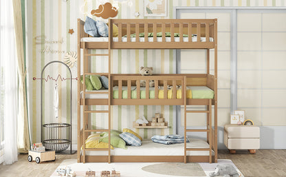 Twin Size Triple Rubber Wood Bunk Bed, with Ladders, Guardrails Detachable Bunk Bed, Twin over Twin over Twin,Natural image 11