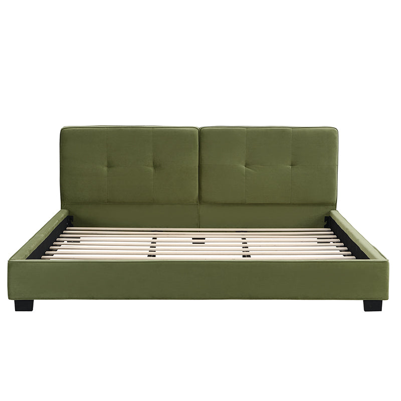 King Size Velvet Bed Frames, Upholstered Platform Bed with Curved Tufted Headboard, Soft Square Corners, Olive Green image 7