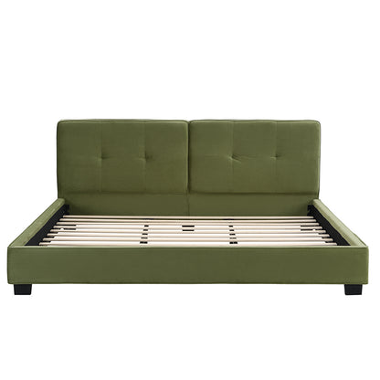 King Size Velvet Bed Frames, Upholstered Platform Bed with Curved Tufted Headboard, Soft Square Corners, Olive Green image 7
