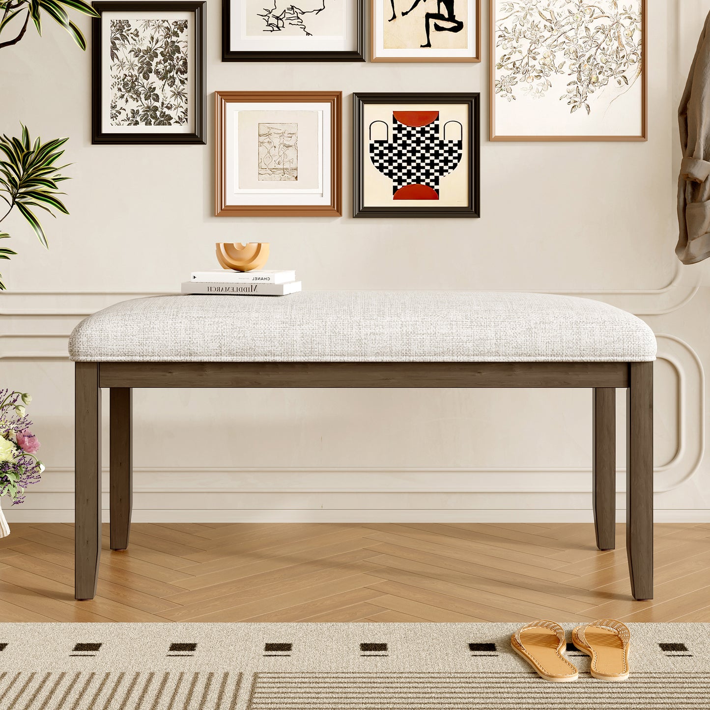 Upholstered Bench for Bedroom End of Bed,38-inch Entryway Bench for Living Room,Dining Bench with Padded Seat and Solid Wood Leg for Kitchen Bedroom,Indoor and Hallway (Bench, Beige+Brown) image 3