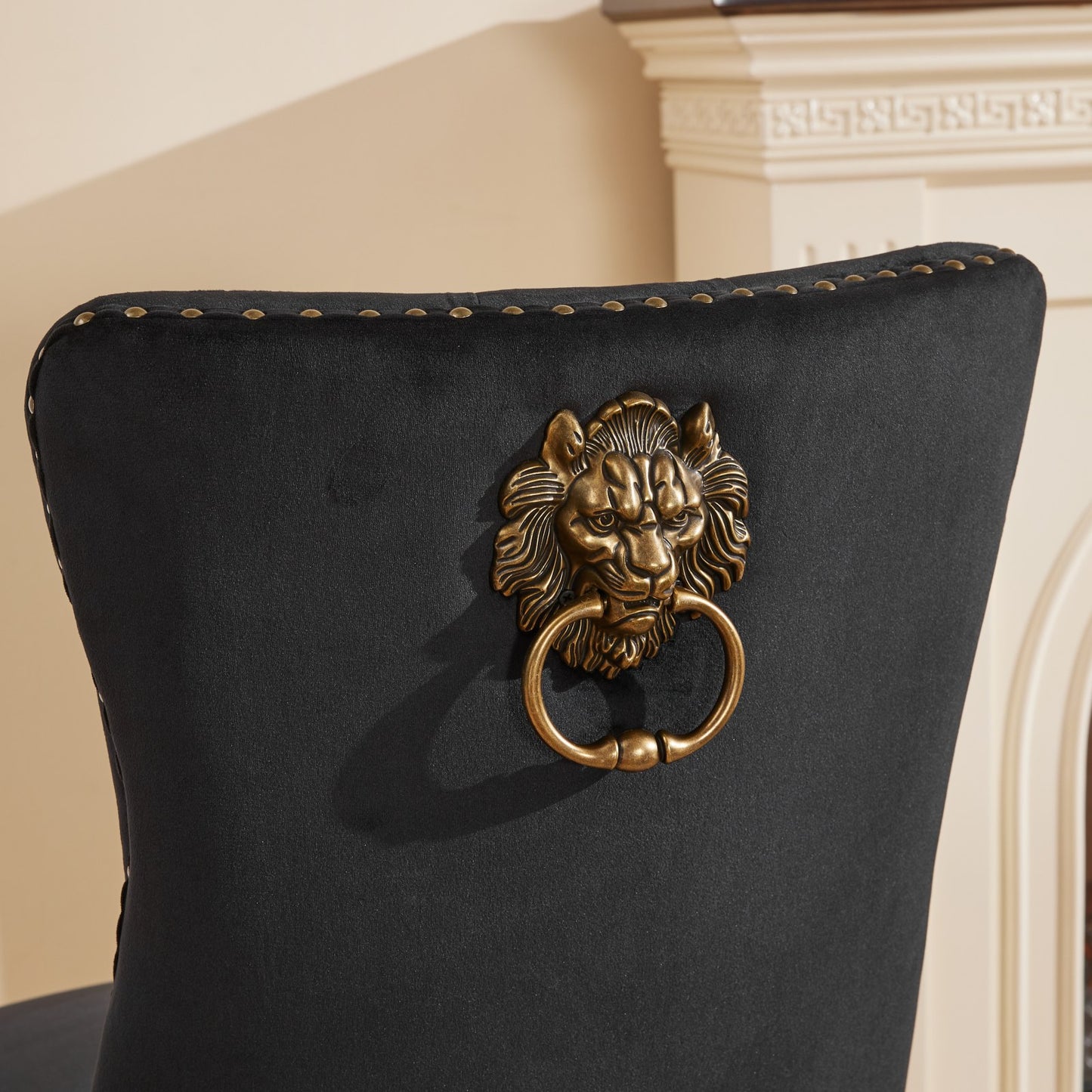 Mid-Century Modern Chairs with Lion Head Pull Ring,High-end Tufted Solid Wood Contemporary Velvet Upholstered Dining Chair with Golden Wooden Legs Nailhead Trim 2-Pcs Set,Black,SW1201BK image 10