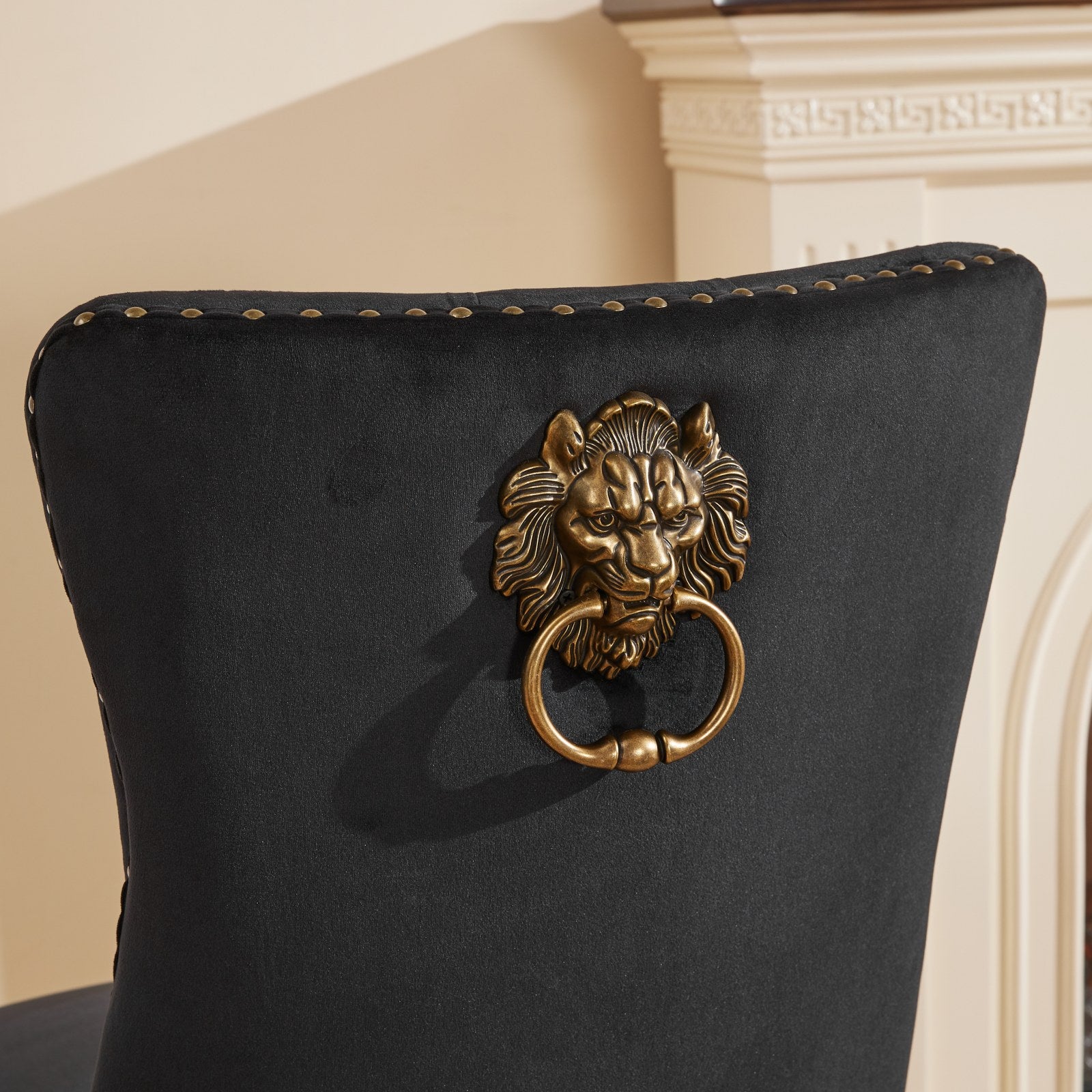 Mid-Century Modern Chairs with Lion Head Pull Ring,High-end Tufted Solid Wood Contemporary Velvet Upholstered Dining Chair with Golden Wooden Legs Nailhead Trim 2-Pcs Set,Black,SW1201BK image 10