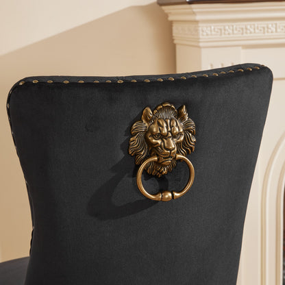 Mid-Century Modern Chairs with Lion Head Pull Ring,High-end Tufted Solid Wood Contemporary Velvet Upholstered Dining Chair with Golden Wooden Legs Nailhead Trim 2-Pcs Set,Black,SW1201BK image 10